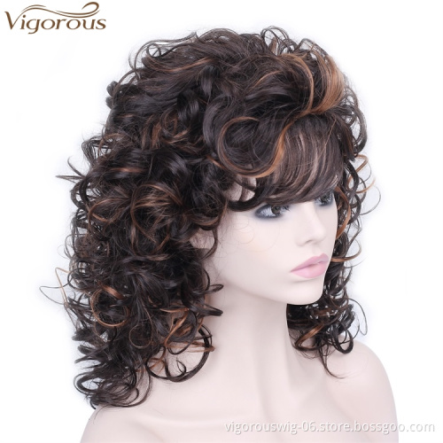 Vigorous Medium Long Curly Black Mixed Light Brown Synthetic Wigs With Bangs For Black Women Glueless Heat Resistant Hair Wigs